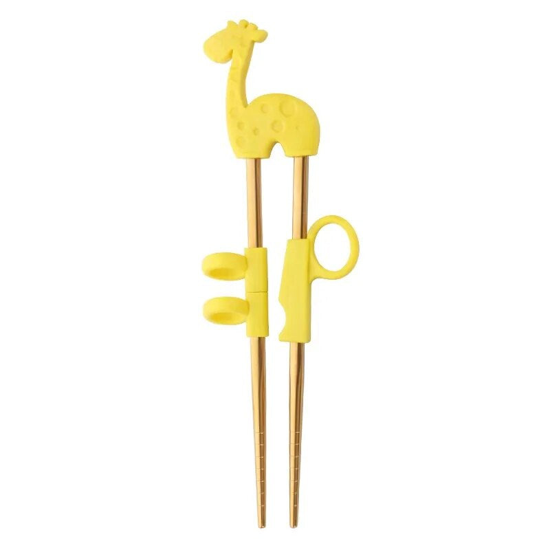 AnyGleam Chop Stick Yellow Giraffe 1 Pair Reusable Gold Stainless Steel Cartoon for Kids and Children Kitchen Accessories-Kitchen &amp; Dining-PEROZ Accessories