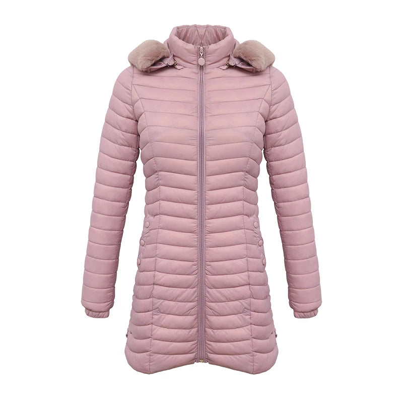 Anychic Womens Padded Puffer Jacket Small Pink Ultralight Casual Coats With Fur Hooded Warm Lightweight Outerwear-Coats &amp; Jackets-PEROZ Accessories