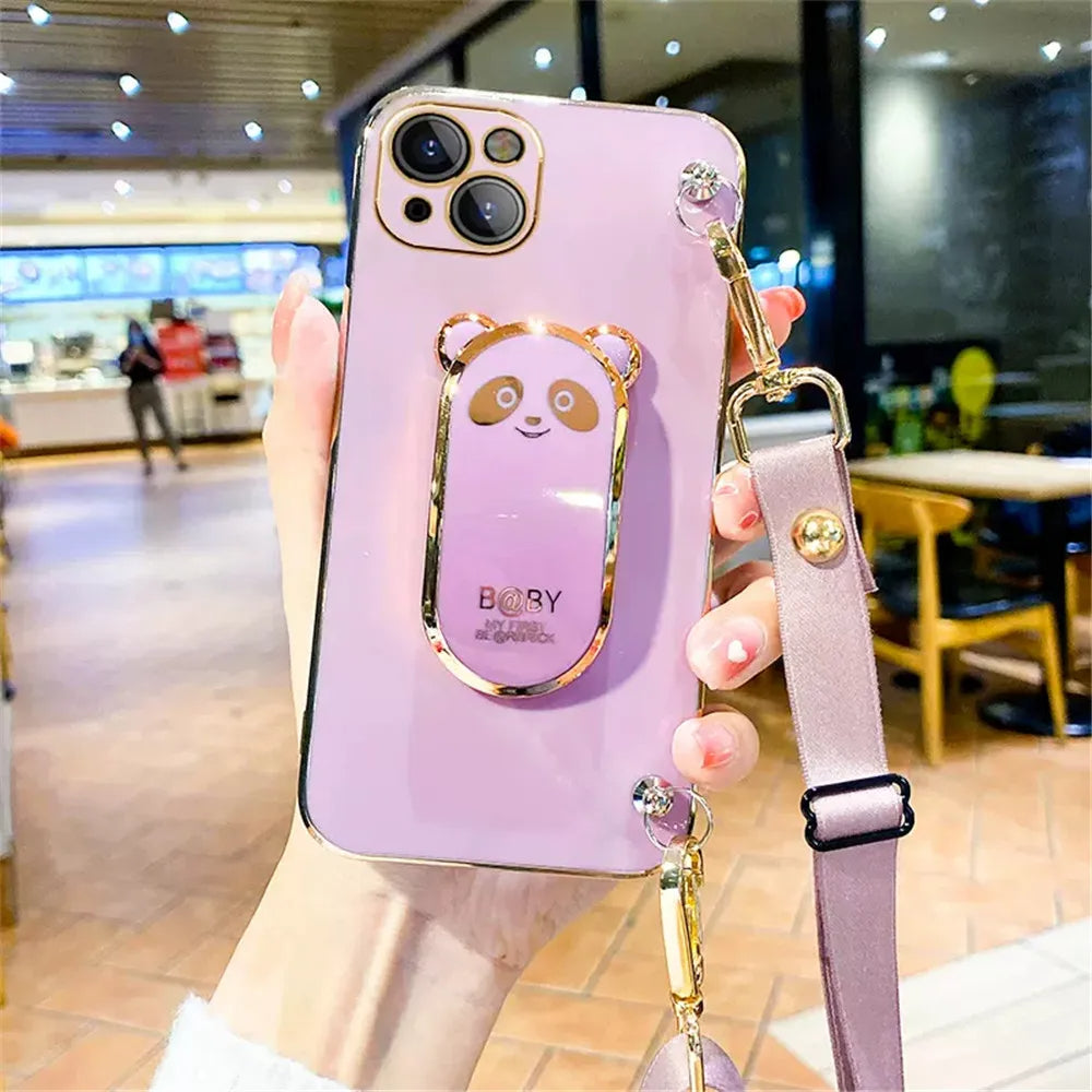 Anymob iPhone Case Shockproof Dark Pink Plating Panda Crossbody Necklace Stand Lanyard Case Strap Cover-Mobile Phone Cases-PEROZ Accessories