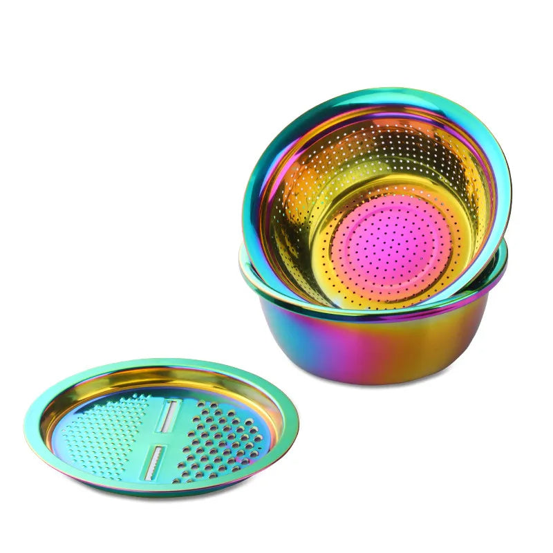 Anygleam Rainbow Stainless Steel Basket Strainer Bowl with Vegetable Cutter Slicer for Buffet and Restaurant Kitchenware-Kitchen Tools &amp; Utensils-PEROZ Accessories