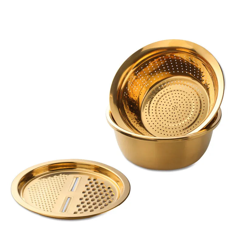 Anygleam Gold Stainless Steel Basket Strainer Bowl with Vegetable Cutter Slicer for Buffet and Restaurant Kitchenware-Kitchen Tools &amp; Utensils-PEROZ Accessories