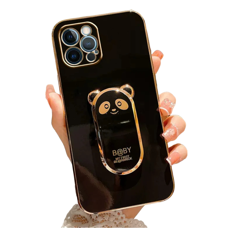Anymob iPhone Case Shockproof Black Plating Lovely Panda Fold Stand Phone Case Soft Silicone Cover-Mobile Phone Cases-PEROZ Accessories