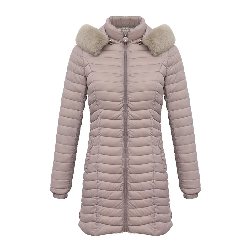 Anychic Womens Padded Puffer Jacket Large Beige Ultralight Casual Coats With Fur Hooded Warm Lightweight Outerwear-Coats &amp; Jackets-PEROZ Accessories