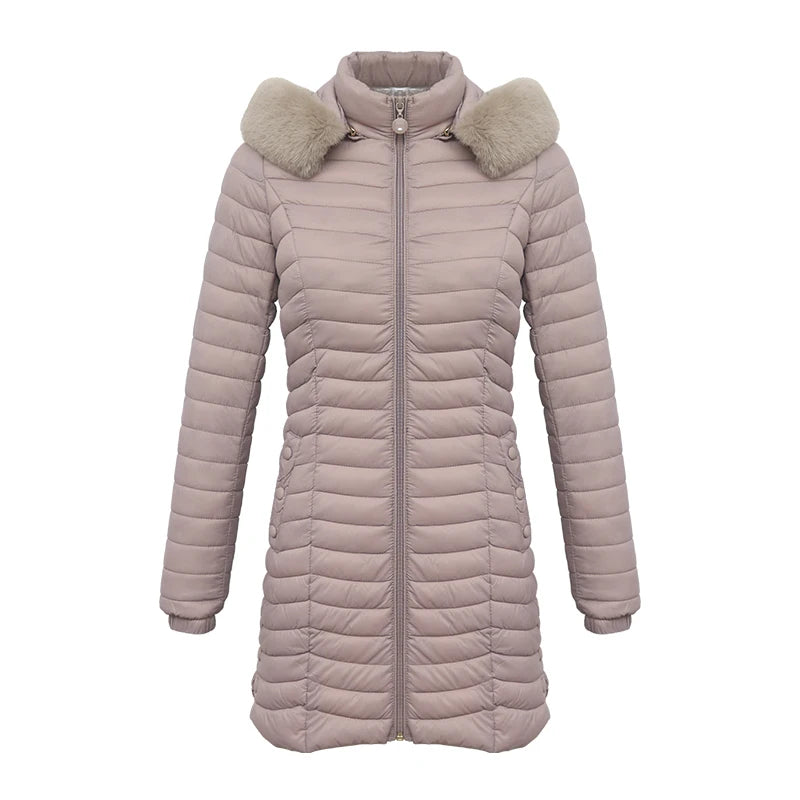 Anychic Womens Padded Puffer Jacket Large Beige Ultralight Casual Coats With Fur Hooded Warm Lightweight Outerwear-Coats &amp; Jackets-PEROZ Accessories