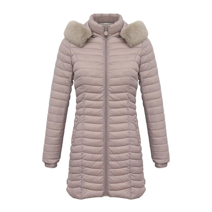 Anychic Womens Padded Puffer Jacket Large Beige Ultralight Casual Coats With Fur Hooded Warm Lightweight Outerwear-Coats &amp; Jackets-PEROZ Accessories