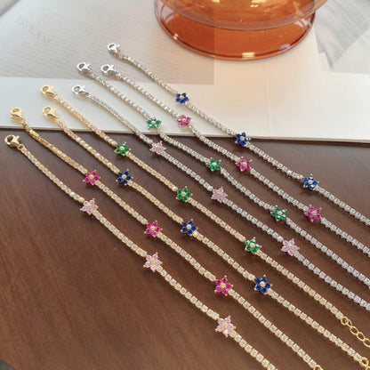 Anyco Bracelet Silver Bracelet Women Pink Flower Charm 5A Cubic Zirconia Chain 925 Sterling silver Tennis Bangles-Bracelets-PEROZ Accessories