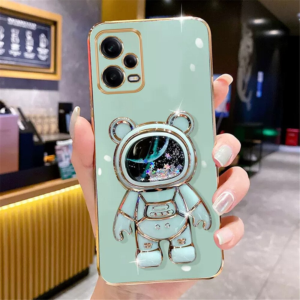 Anymob Xiaomi Redmi Case Sky Blue Space Quicksand Bear Phone Bracket Plating Cover Protection-Mobile Phone Cases-PEROZ Accessories