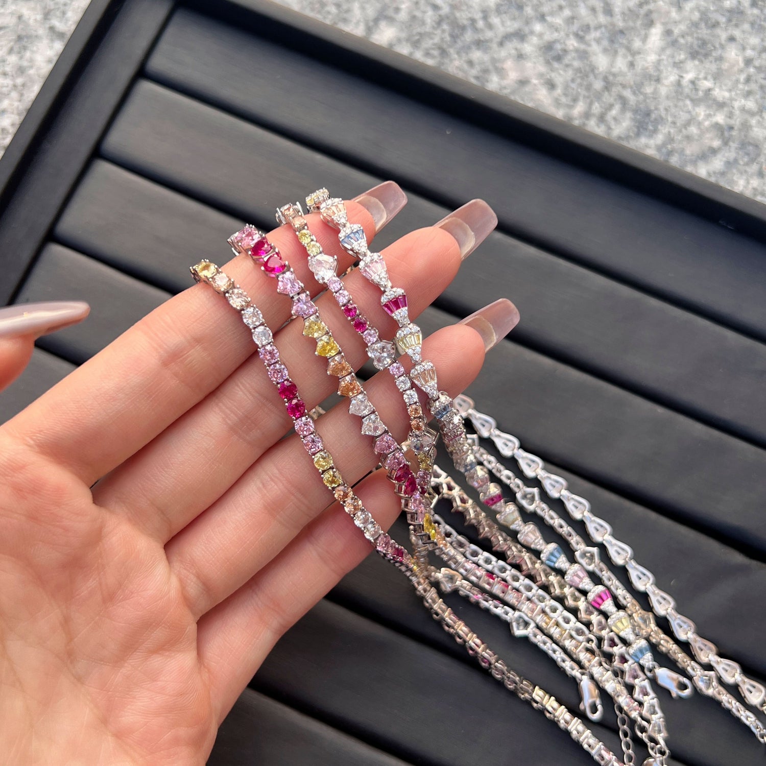 Anyco Bracelet Jewelry S925 Sterling Silver 16.5+2cm Rainbow Bracelet Colorful Baguette Diamond Tennis Bracelets Women-Bracelets-PEROZ Accessories