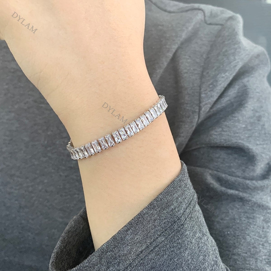 Anyco Bracelet Sterling Silver Platted 5mm Baguette Cut Zircon Full Diamond Bracelet Female Jewelry-Bracelets-PEROZ Accessories