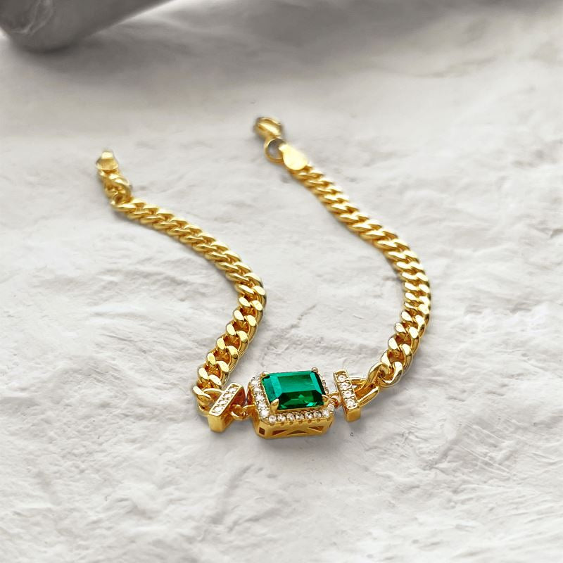 Anyco Bracelet Classic Emerald Charm Square Pendant Necklace Cubic Zirconia 925 Silver Chain Link-Bracelets-PEROZ Accessories