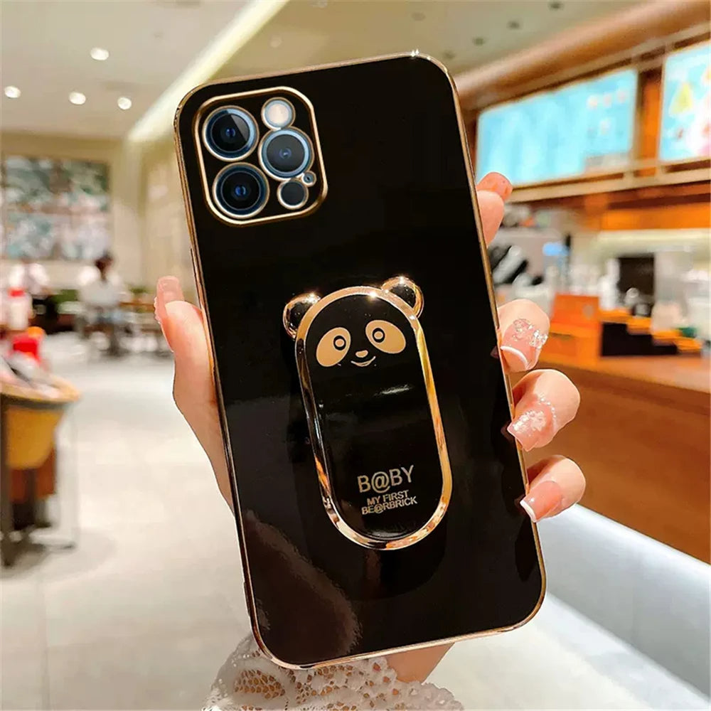 Anymob iPhone Case Shockproof Black Plating Lovely Panda Fold Stand Phone Case Soft Silicone Cover-Mobile Phone Cases-PEROZ Accessories