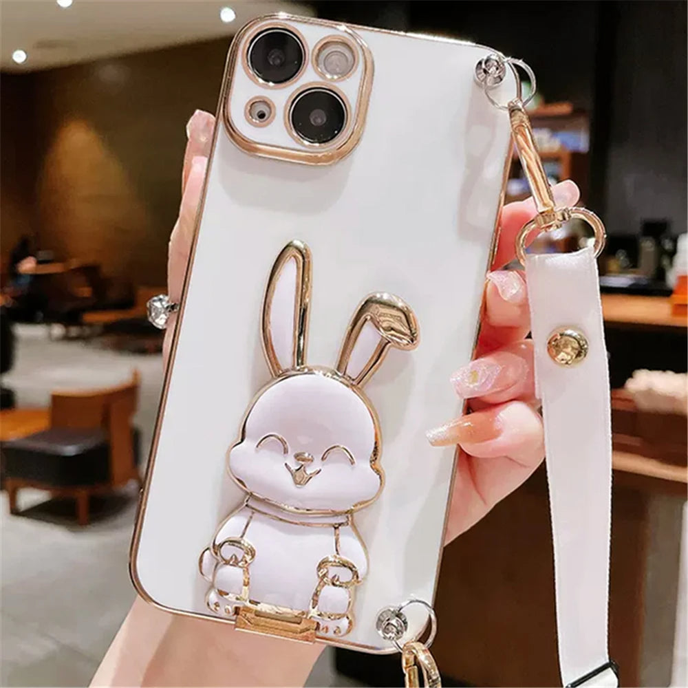 Anymob iPhone Case Shockproof White Rabbit Bracket Crossbody Lanyard Case Plating Stand Silicon Phone Cover-Mobile Phone Cases-PEROZ Accessories