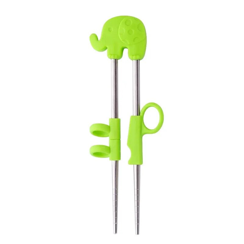 AnyGleam Chop Stick Green Elephant 1 Pair Reusable Silver Stainless Steel Cartoon for Kids and Children Kitchen Accessories-Kitchen &amp; Dining-PEROZ Accessories