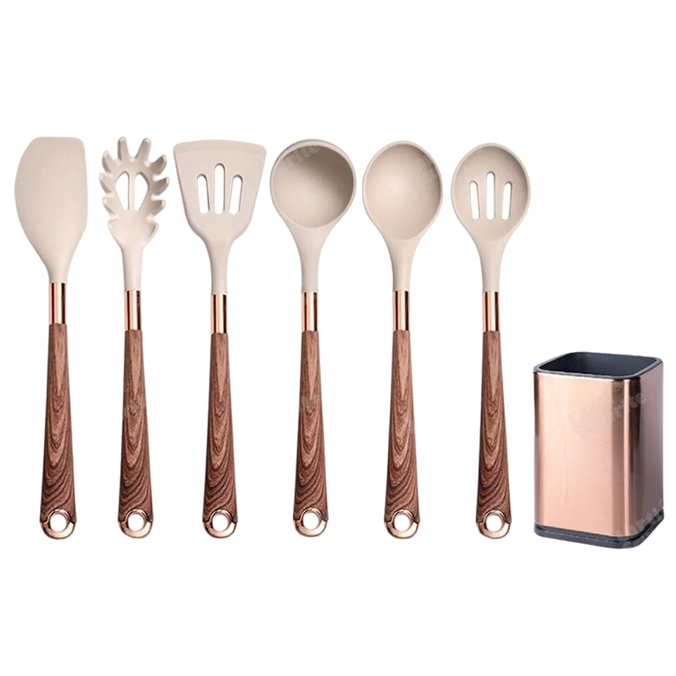 Anygleam Kitchen Utensils Non-stick Brown 6 Set Gold Plated Handle with Support Point and Storage Box Cooking Tool Accessories Heat Resistant Kitchenware-Spatula and Shovel-PEROZ Accessories