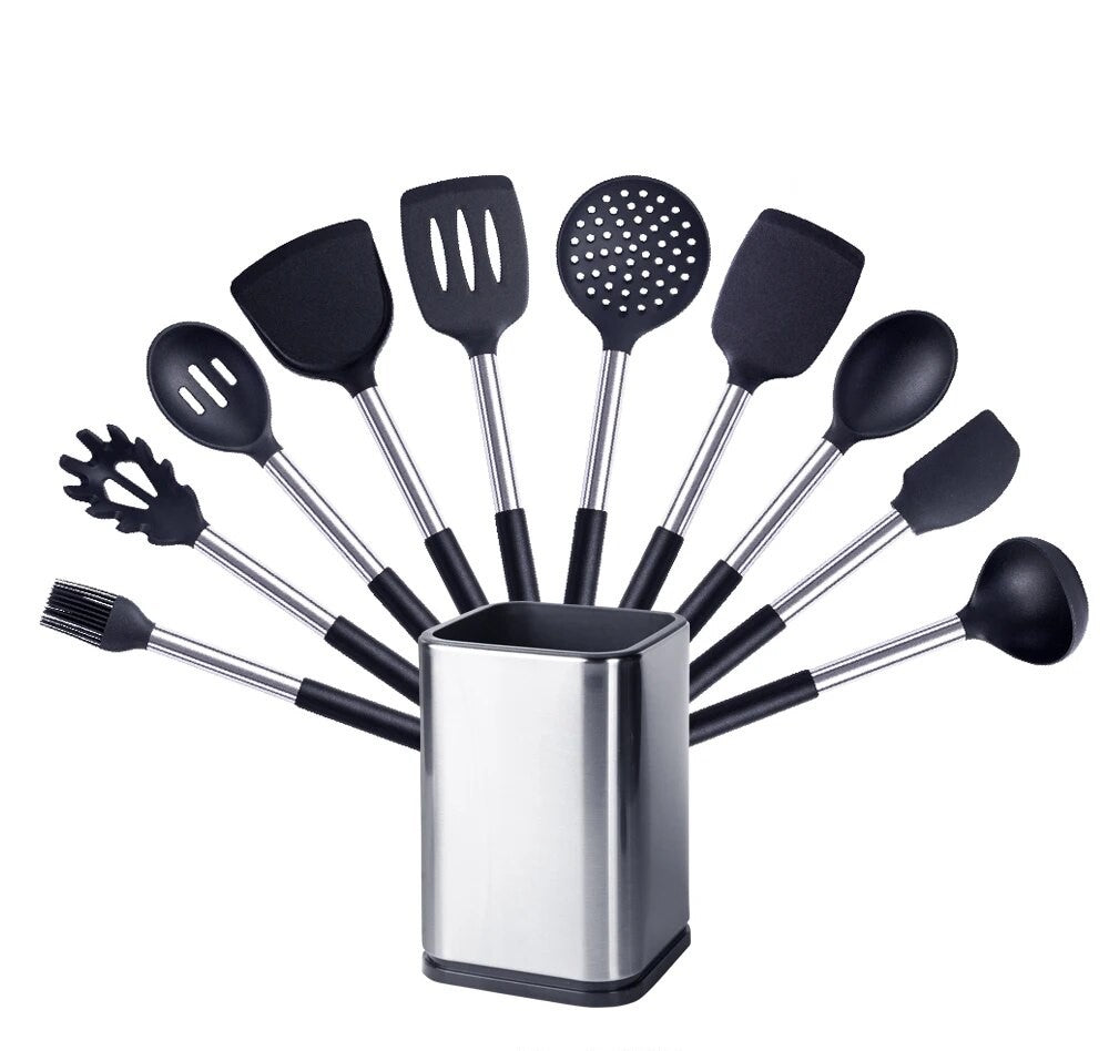 Anygleam Kitchen Utensils Non-stick Black/ Silver 10 Set Cooking Tool with Storage Box Accessories Heat Resistant Kitchenware-Spatula and Shovel-PEROZ Accessories