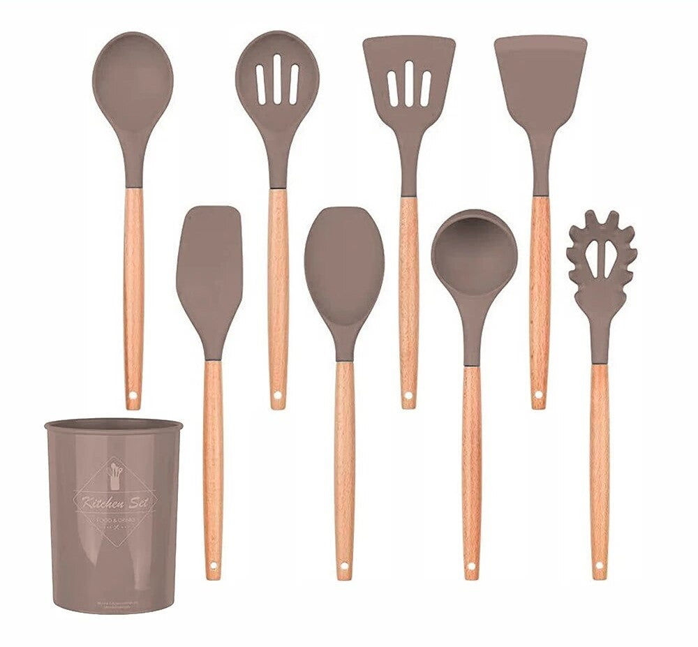 Anygleam Kitchen Utensils 8 Set Natural Beech Wooden Handle Cookware Tool with Storage Heat Resistant Non Stick Accessories-Spatula and Shovel-PEROZ Accessories