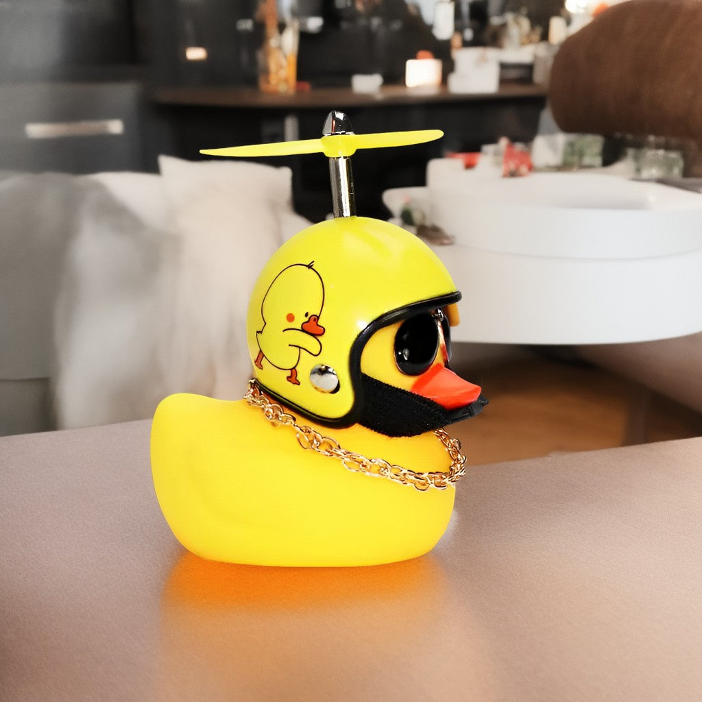 Anypack Car Ornaments Rubber Yellow Duck for Car Dashboard Decorations Cool Glasses Duck with Yellow Baby Duck Propeller Helmet Gold Chain-Car Accessories-PEROZ Accessories