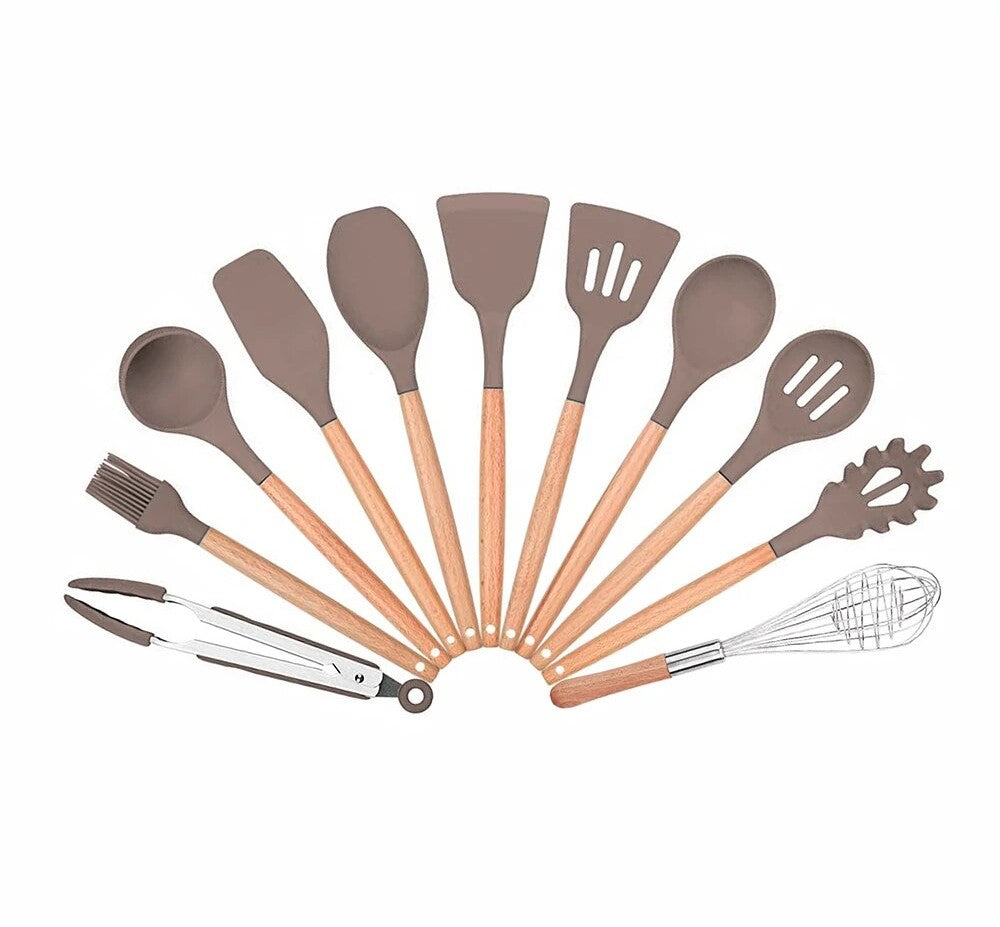 Anygleam Kitchen Utensils 11 Set Natural Beech Wooden Handle Cookware Tool Heat Resistant Non Stick Accessories-Spatula and Shovel-PEROZ Accessories