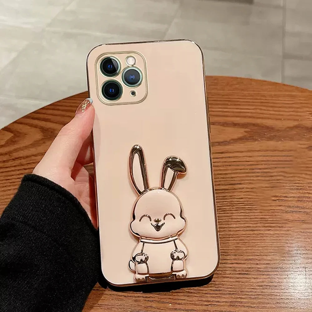 Anymob iPhone Case Shockproof Brown Luxury Plating Rabbit Holder Phone Case Soft Silicone Stand Cover-Mobile Phone Cases-PEROZ Accessories