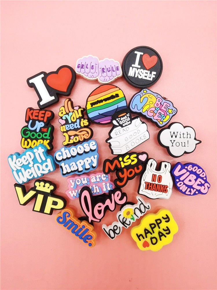 Anykidz 20Pcs Random Color Slogan Style Shoe Charm Accessories Jeans Clogs Pendants Designer Ornament Jibbitz for Crocs-Shoe Accessories-PEROZ Accessories