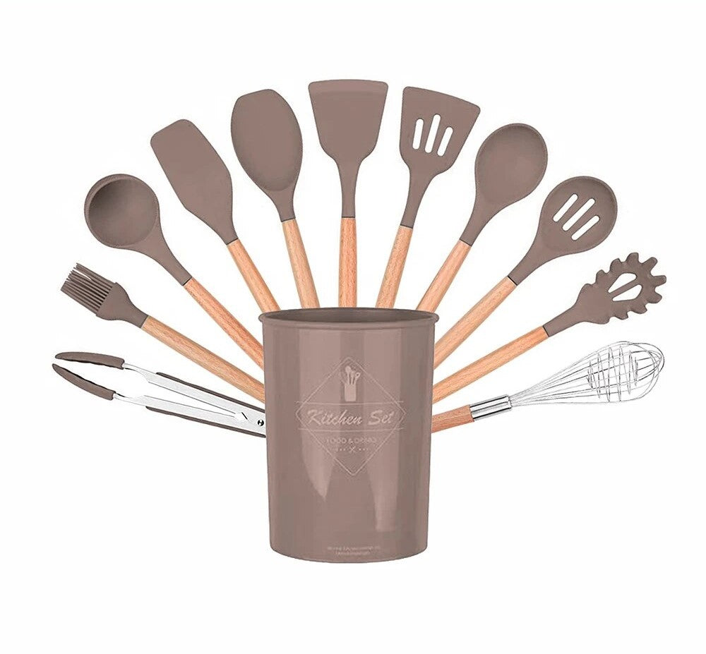 Anygleam Kitchen Utensils 11 Set Natural Beech Wooden Handle Cookware Tool with Storage Heat Resistant Non Stick Accessories-Spatula and Shovel-PEROZ Accessories