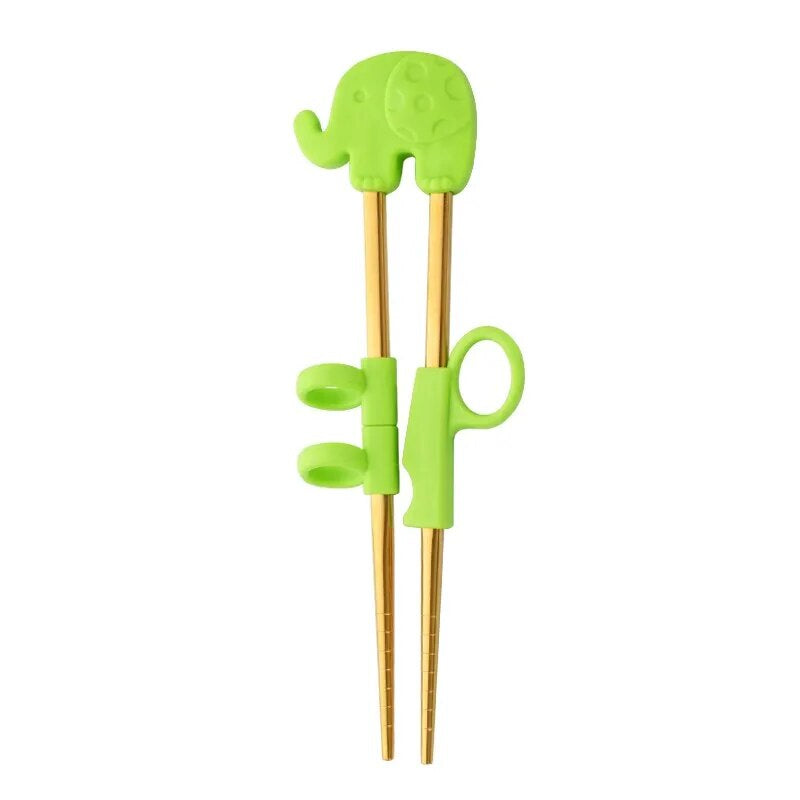 AnyGleam Chop Stick Green Elephant 1 Pair Reusable Gold Stainless Steel Cartoon for Kids and Children Kitchen Accessories-Kitchen &amp; Dining-PEROZ Accessories