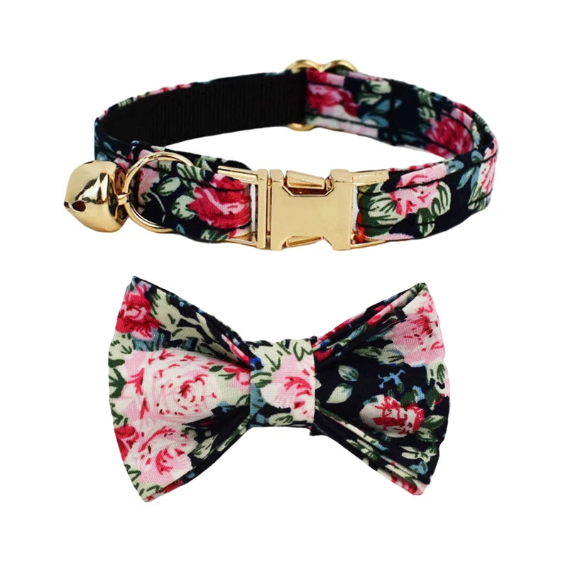AnyWags Cat Collar Floral Black Bow Large with Safety Buckle, Bell, and Durable Strap Stylish and Comfortable Pet Accessory-Cat Supplies-PEROZ Accessories