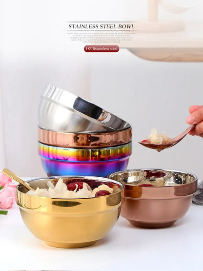 Anygleam Silver 5Pcs Big Stainless Steel Rice Bowl Single Anti-Scalding Layer Cooking Utensil-Kitchen &amp; Dining-PEROZ Accessories