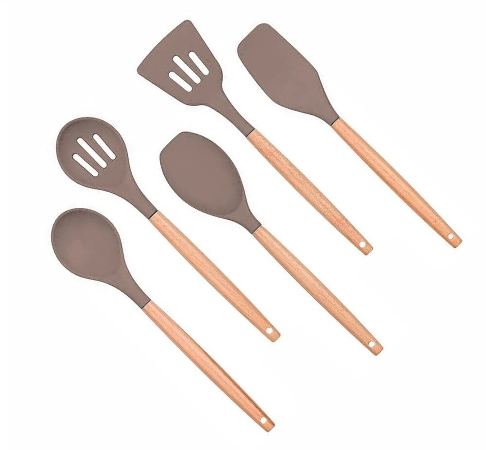 Anygleam Kitchen Utensils 5 Set Khaki Natural Beech Wooden Handle Cookware Tool Heat Resistant Non Stick Accessories-Spatula and Shovel-PEROZ Accessories