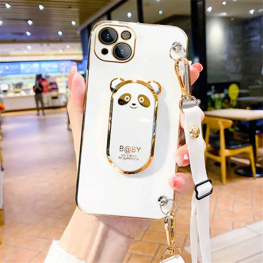 Anymob iPhone Case Shockproof White Plating Panda Crossbody Necklace Stand Lanyard Case Strap Cover-Mobile Phone Cases-PEROZ Accessories