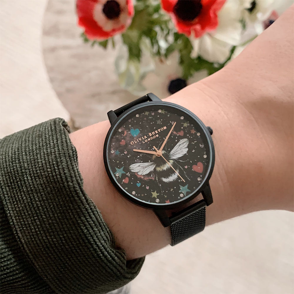 Olivia Burton Ionic Plated Black Steel White Mother Of Pearl & 3D Print & Stone Dial Ladies Watch - OB16WG87-Quartz Watches-PEROZ Accessories