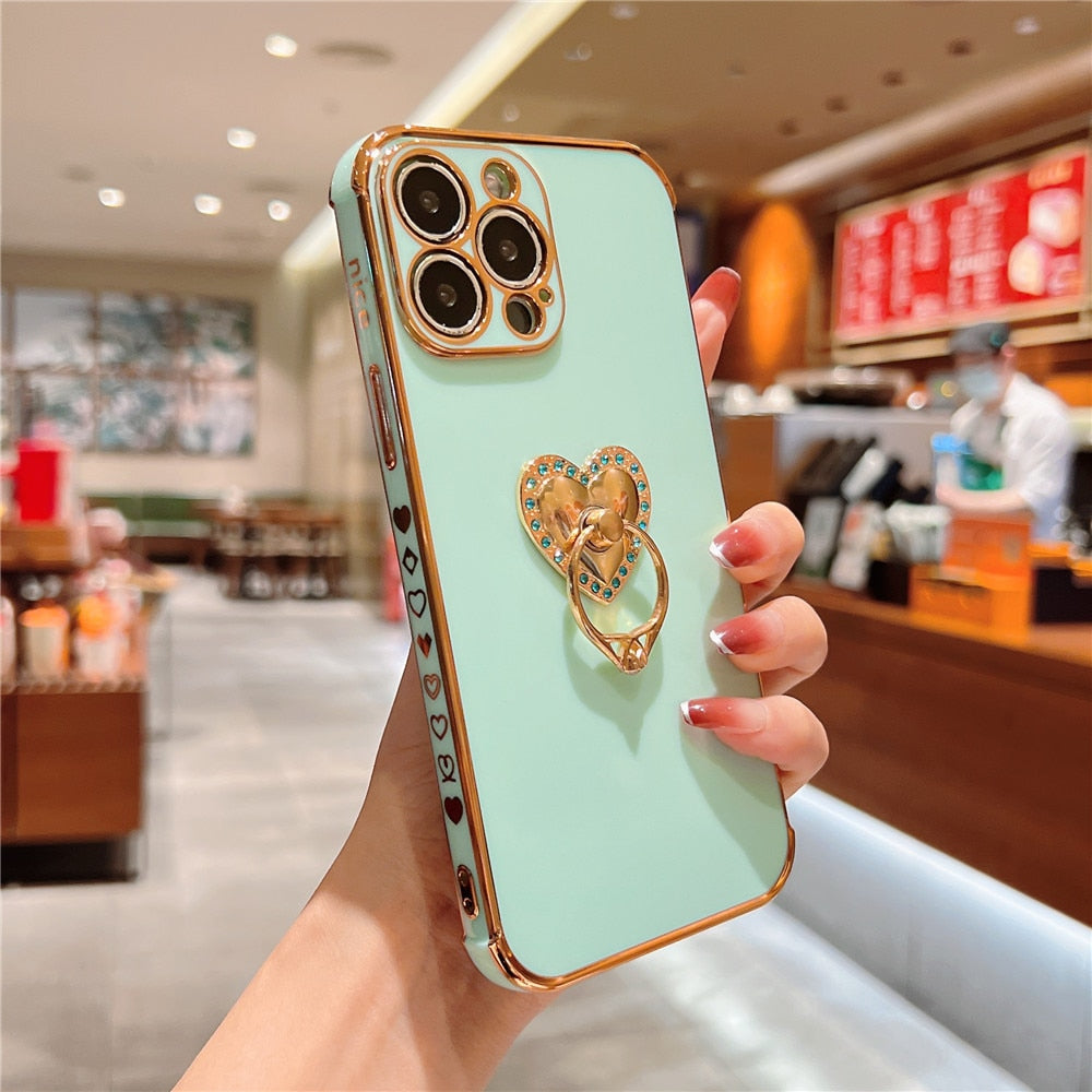 Anymob iPhone Case Mint Green Plating Love Heart Ring Holder Shockproof Soft Silicone Cover-Mobile Phone Cases-PEROZ Accessories