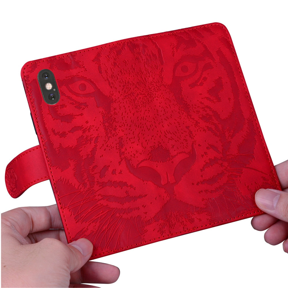 Anymob Samsung Case Red 3D Tiger Embossing Magnetic Flip Leather Card Slot Wallet Book Style Cover-Mobile Phone Cases-PEROZ Accessories