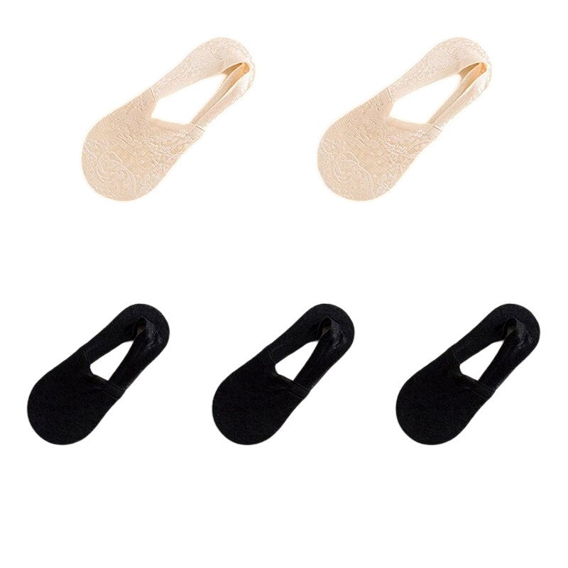 Anysox 5 Pairs Size 5-9 Fashion Socks Lace Flower Style Breathable Antiskid Invisible Ankle Socks for Women (2 Beige, 3 Black)-Socks-PEROZ Accessories