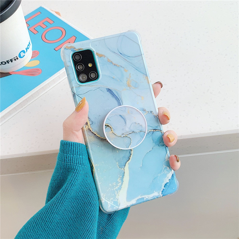 Anymob Samsung Case Light Blue Marble With Finger Ring Holder Silicone Phone Cover-Mobile Phone Cases-PEROZ Accessories