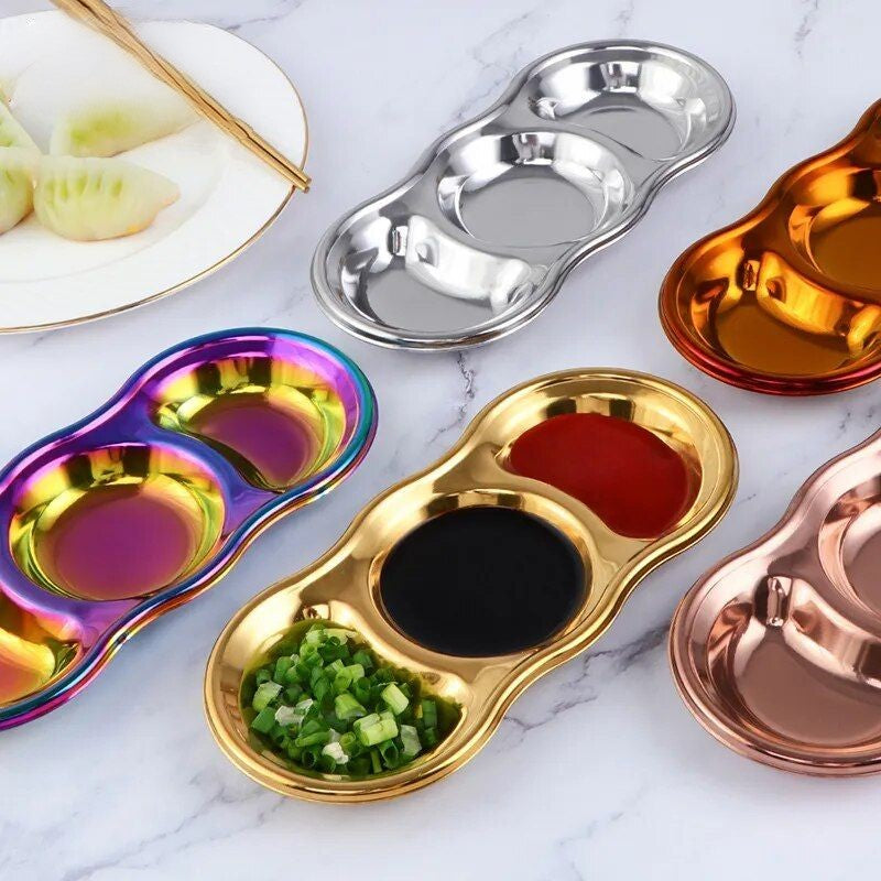 Anygleam Rose Gold Stainless Steel 3 Grid Seasoning Sauce Dish Plates Dipping Kitchenware-Kitchen &amp; Dining-PEROZ Accessories