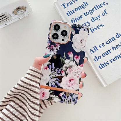 Anymob iPhone Case Blue and White Flower Square Plating Banana Leaf Ring Stand Shockproof Soft Bumper Cover-Mobile Phone Cases-PEROZ Accessories