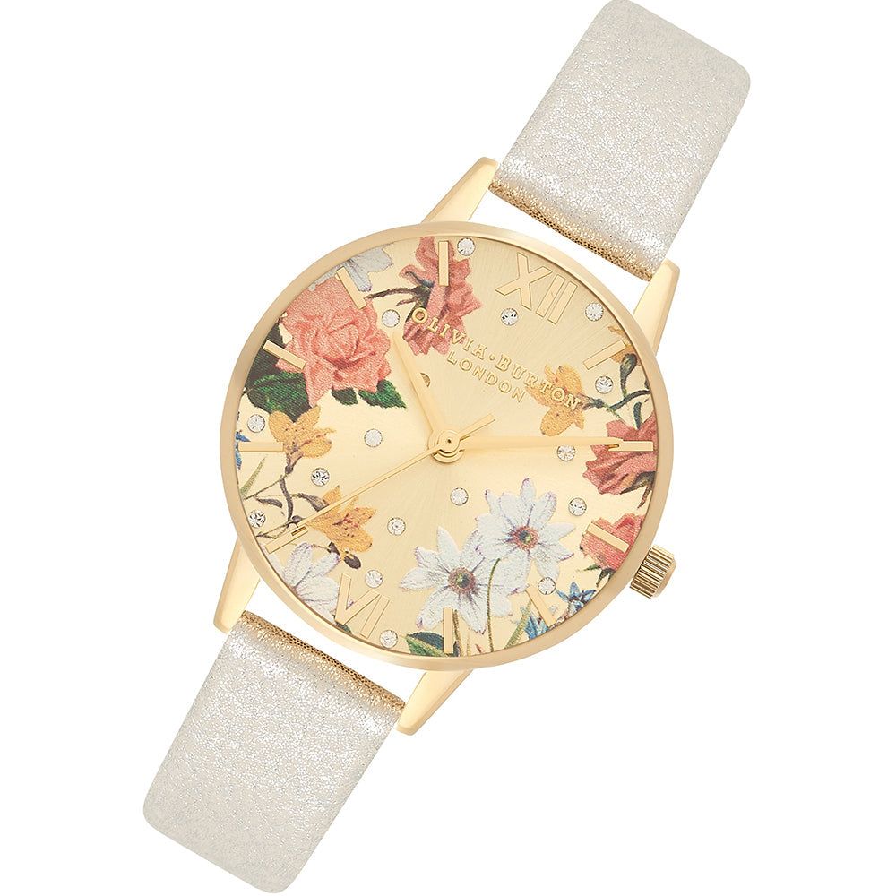 Olivia Burton Shimmer Pearl Leather Pale Gold &amp; Floral Dial Ladies Watch - OB16BF35-Quartz Watches-PEROZ Accessories