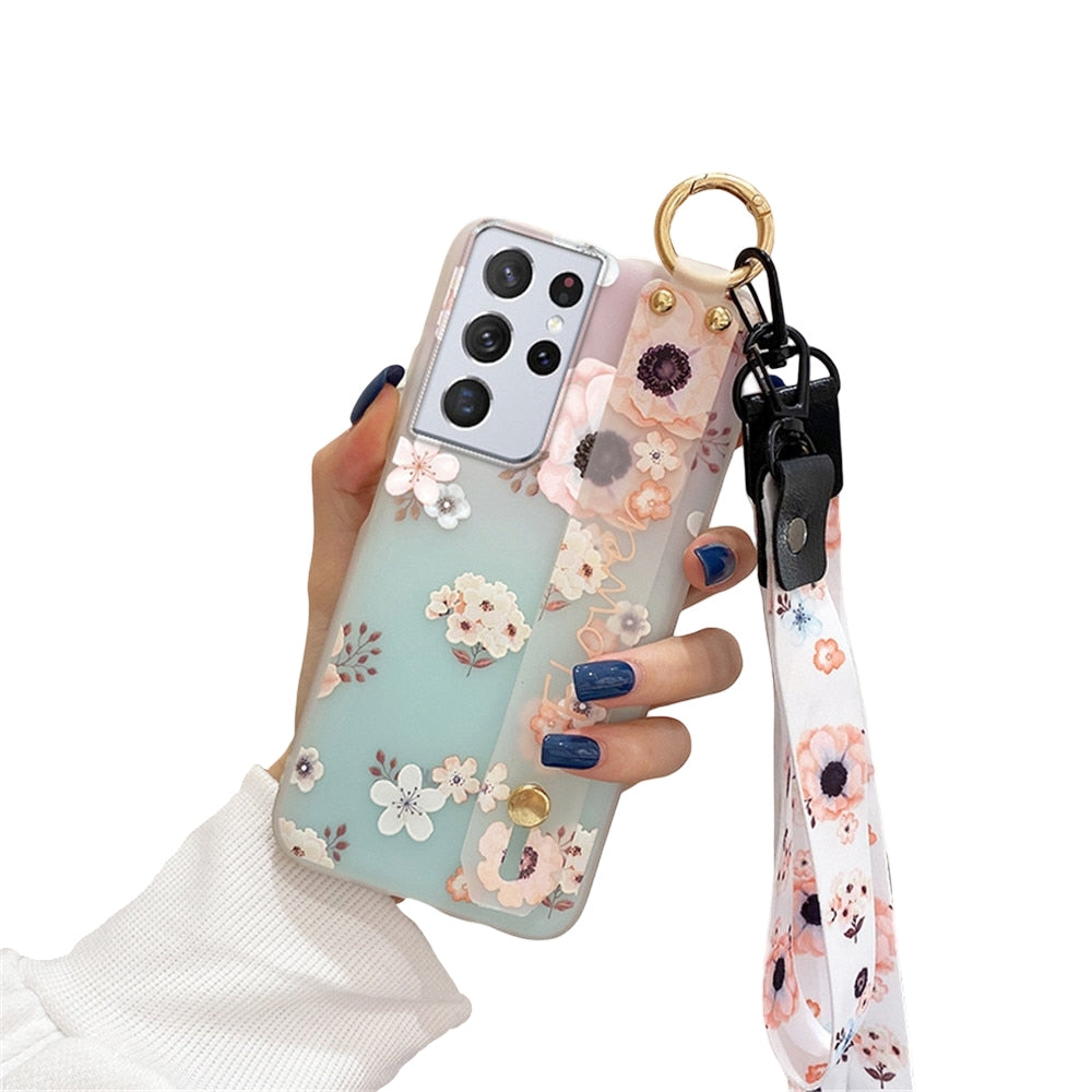 Anymob Samsung White Cherry Blossom Soft Silicone Case Flowers Neck Lanyard Wristband Holder Cover-Mobile Phone Cases-PEROZ Accessories