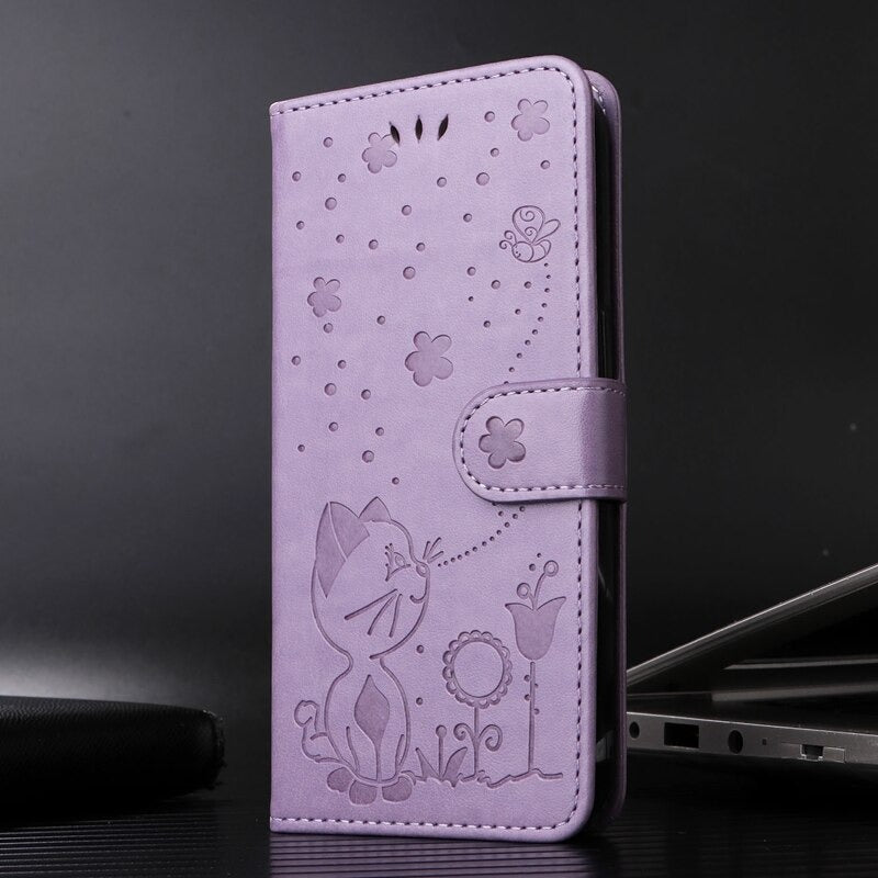 Anymob Samsung Case Purple Flip Leather 3D Cat Embossed PU Leather Wallet Cover Protection-Mobile Phone Cases-PEROZ Accessories