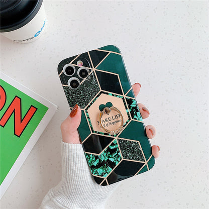 Anymob iPhone Case Green Geometric Marble with Ring Kickstand Silicone Shells-Mobile Phone Cases-PEROZ Accessories