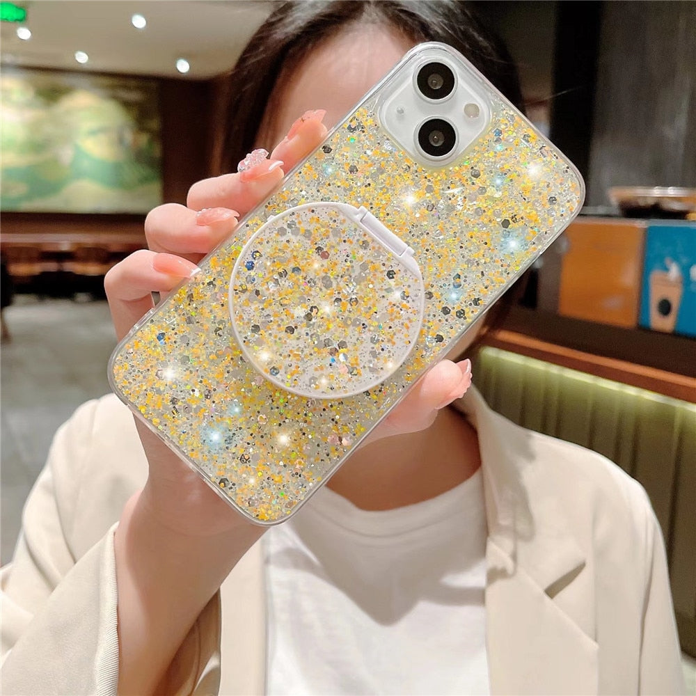 Anymob iPhone Case Yellow Mirror Holder Gradient Glitter Soft Silicon Phone Back Cover-Mobile Phone Cases-PEROZ Accessories