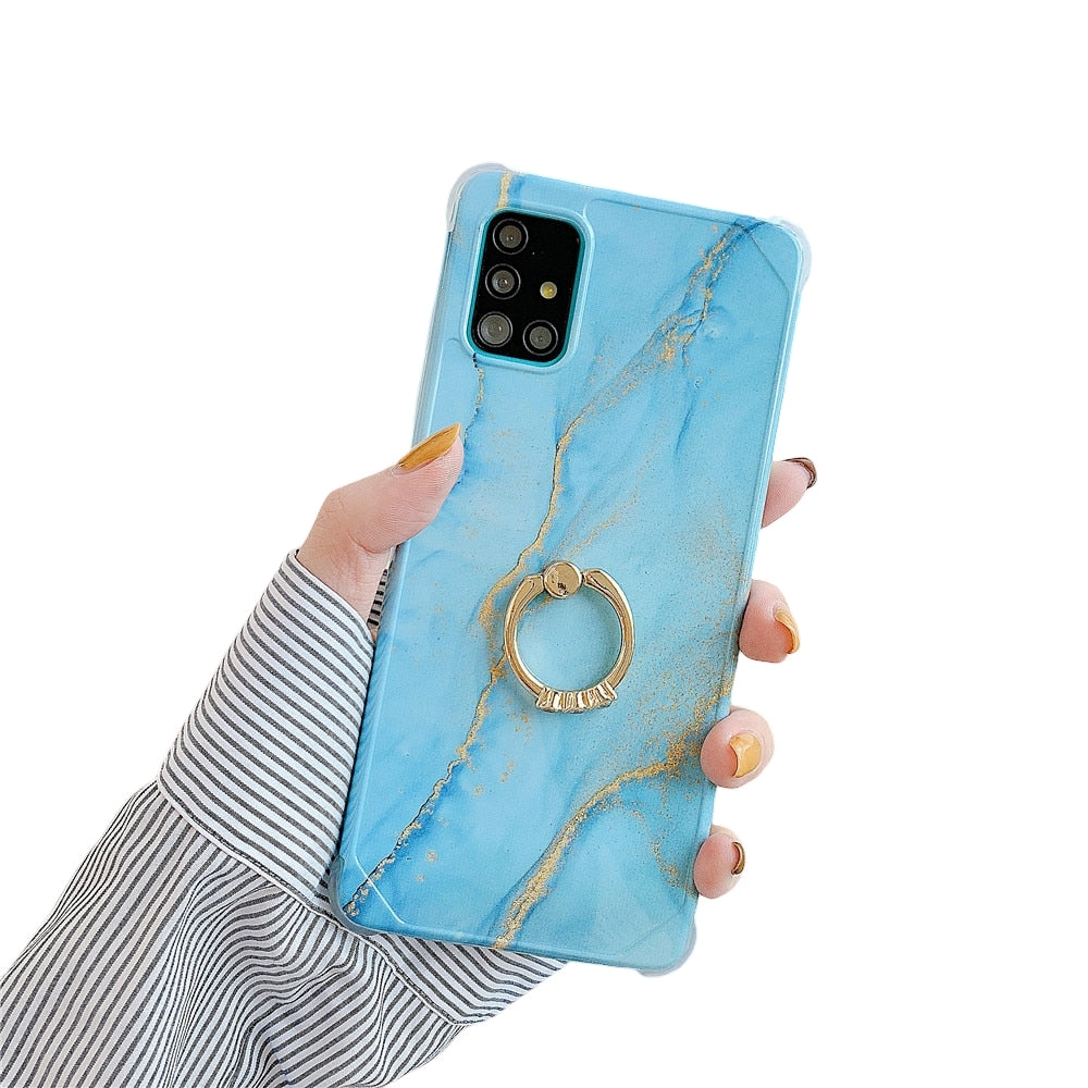 Anymob Samsung Gold And Blue Marble Ring Holder Case Silicone Shockproof Cover-Mobile Phone Cases-PEROZ Accessories
