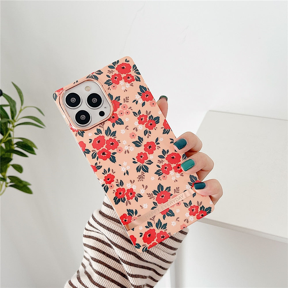 Anymob iPhone Case Red Flower Square Plating Banana Leaf Ring Stand Shockproof Soft Bumper Cover-Mobile Phone Cases-PEROZ Accessories
