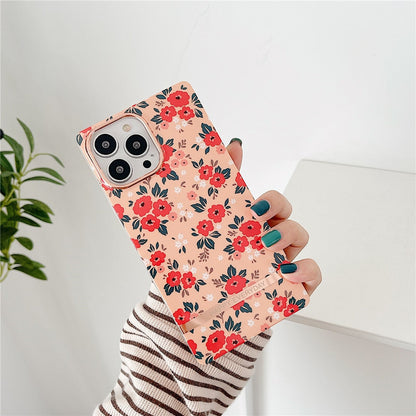 Anymob iPhone Case Red Flower Square Plating Banana Leaf Ring Stand Shockproof Soft Bumper Cover-Mobile Phone Cases-PEROZ Accessories