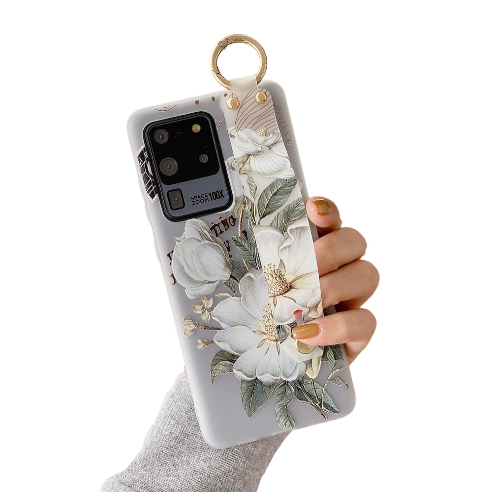 Anymob Samsung White Magnolia Soft Silicon Wrist Strap Case Bag Shell Cover-Mobile Phone Cases-PEROZ Accessories