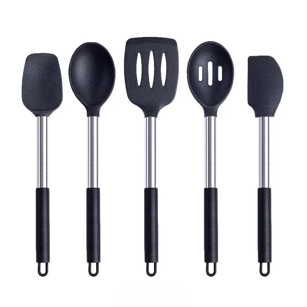 Anygleam Kitchen Utensils Non-stick Black/ Silver 5 Set Cooking Tool Accessories Heat Resistant Kitchenware-Spatula and Shovel-PEROZ Accessories