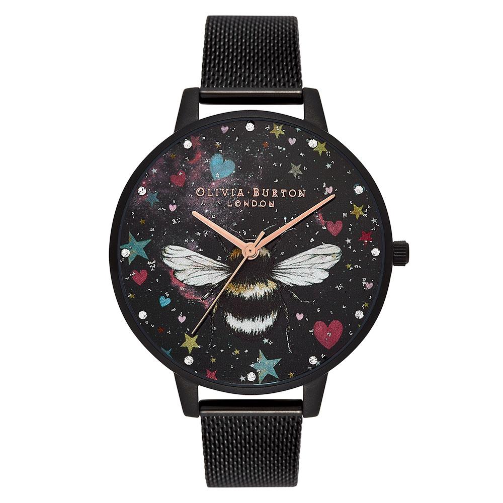 Olivia Burton Ionic Plated Black Steel White Mother Of Pearl & 3D Print & Stone Dial Ladies Watch - OB16WG87-Quartz Watches-PEROZ Accessories