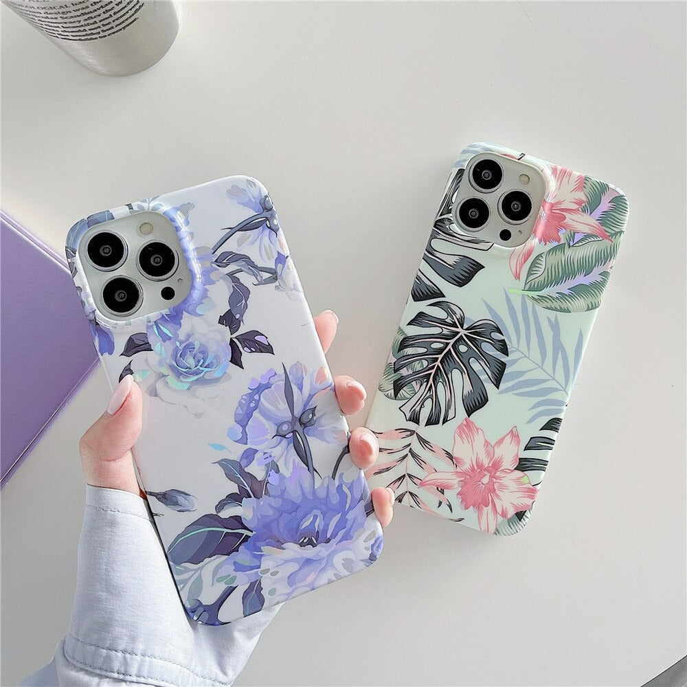 Anymob iPhone Phone Case Purple Glossy Laser Flower Soft Silicone Back Cover For IOS 13 12 11 X XR XS Pro Max Compatible-Mobile Phone Cases-PEROZ Accessories