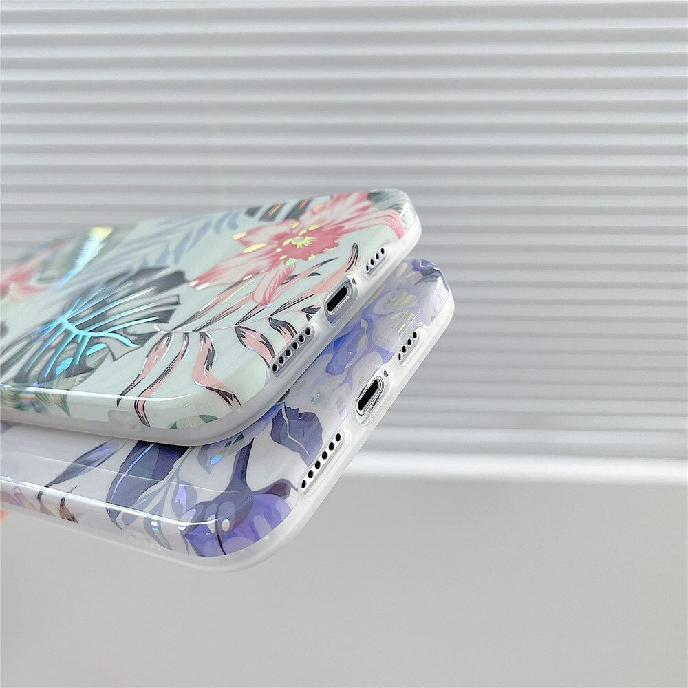 Anymob iPhone Phone Case Purple Glossy Laser Flower Soft Silicone Back Cover For IOS 13 12 11 X XR XS Pro Max Compatible-Mobile Phone Cases-PEROZ Accessories